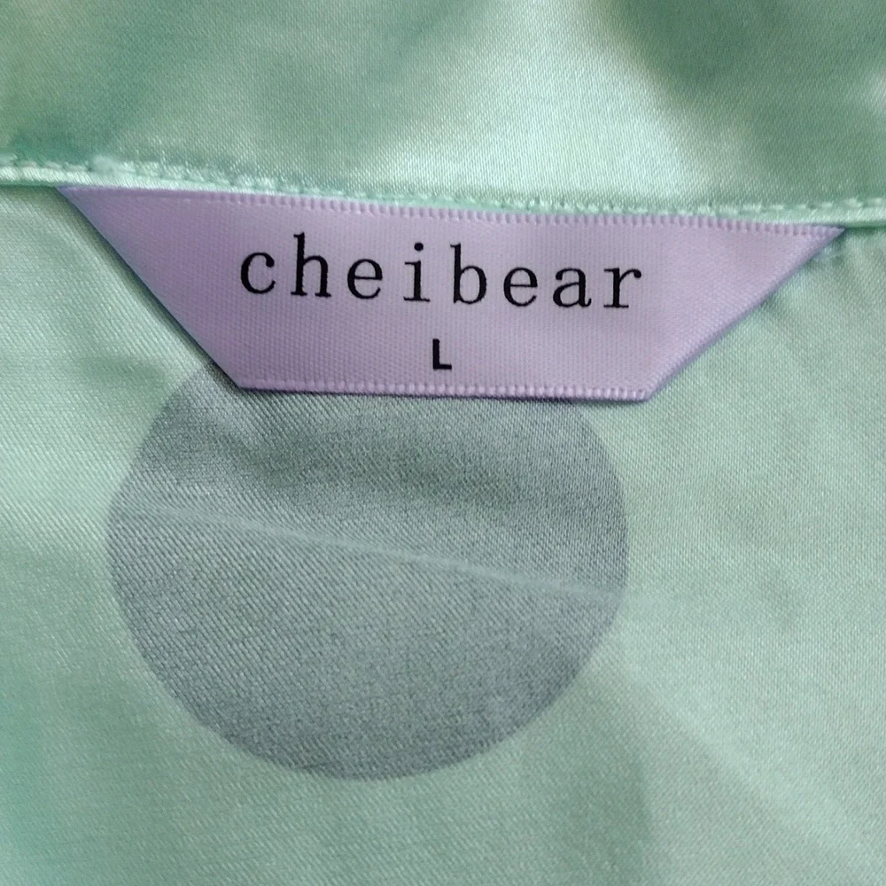 Cheibear Polka Dot Satin Pajama Set - Mint Green and Black